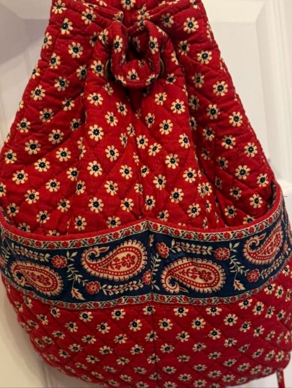 Vera Bradley Red Quilted Floral Drawstring Backpack with Paisley Band